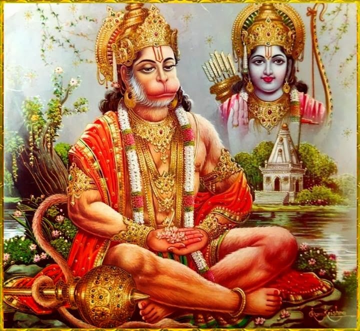 Hanuman ji seated in devotion before Bhagwan Ram